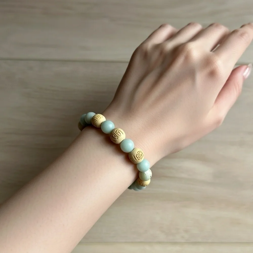Amazonite and Carved Wood Bead Stretch Bracele, 6.5”- 7”